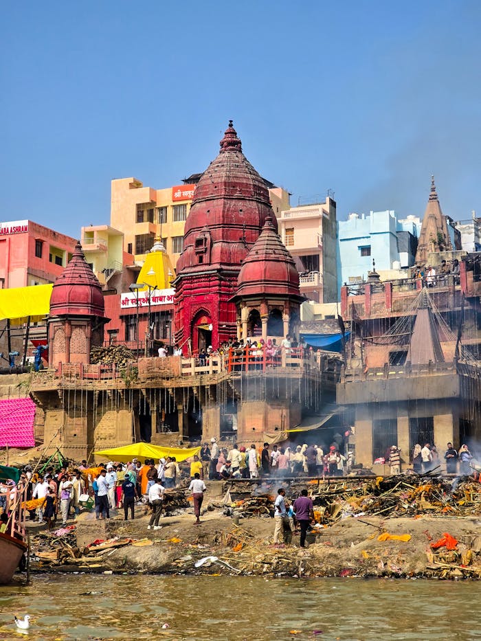 Lively view of the Ghats along the Ganges River in Varanasi, India.